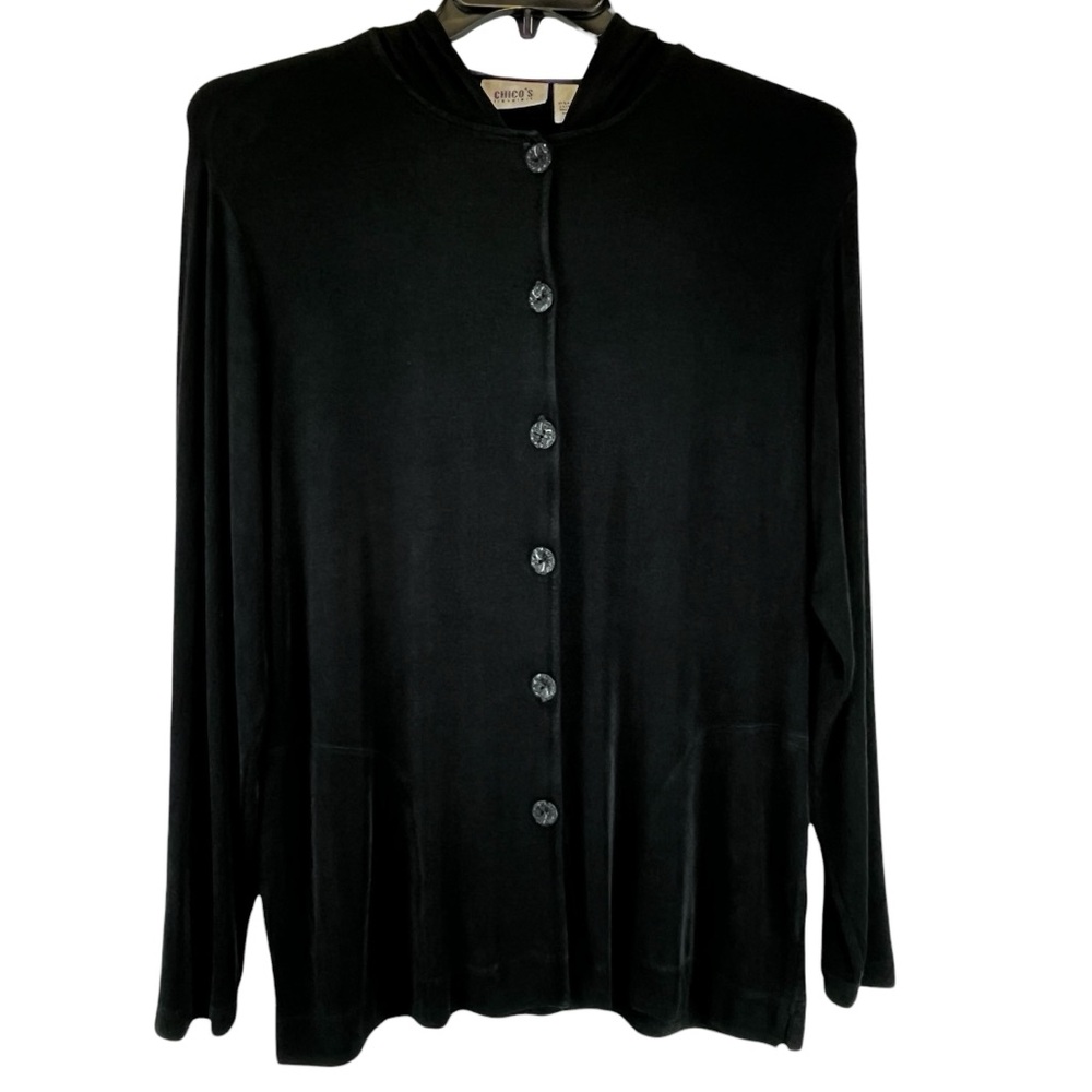 VINTAGE CHICO’S TRAVELERS Black Hooded Full Zip Jacket Slinky Knit Pockets L/12